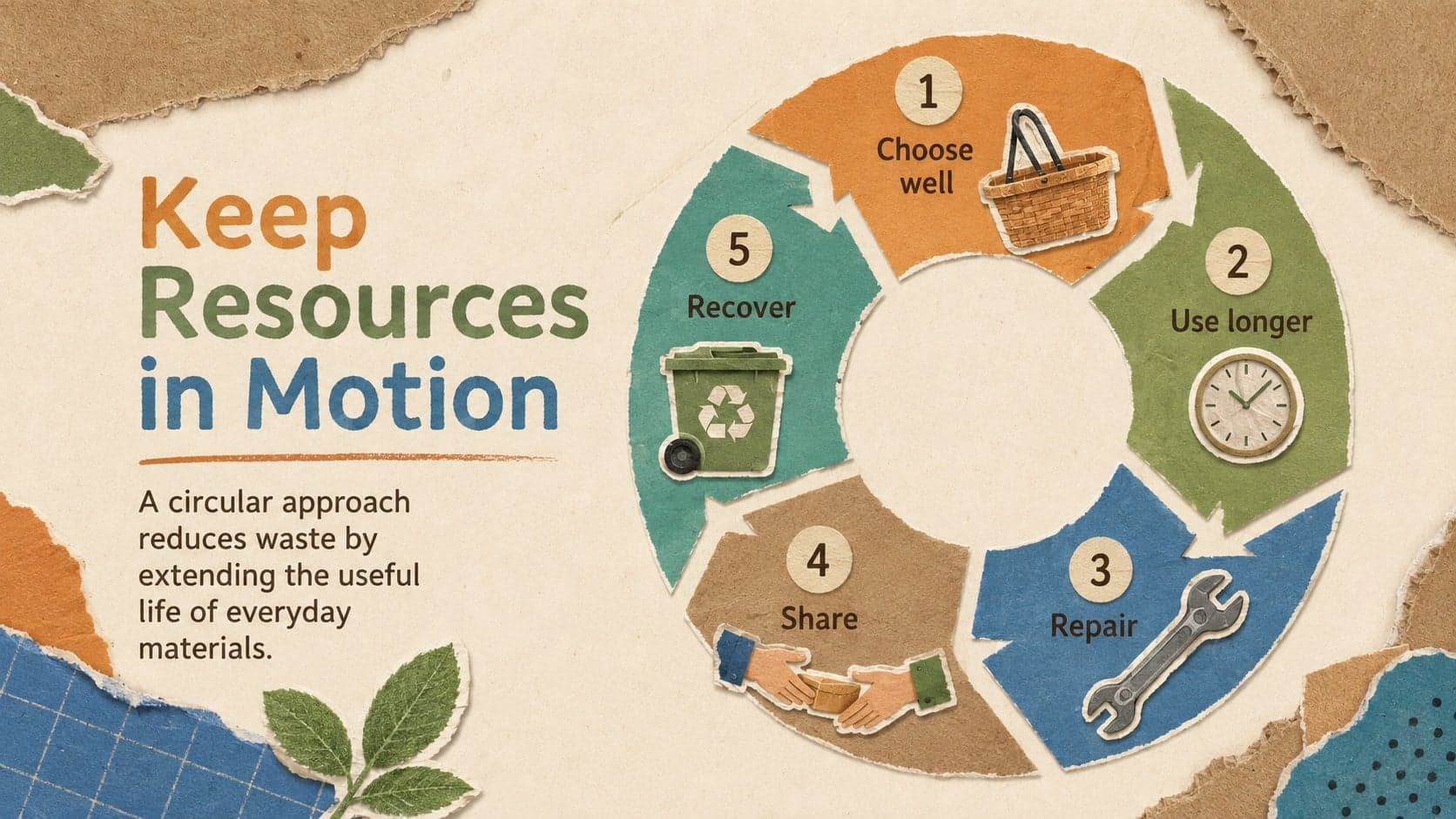 Circular sustainability process slide illustrating the journey from mindful buying to reuse and recovery.