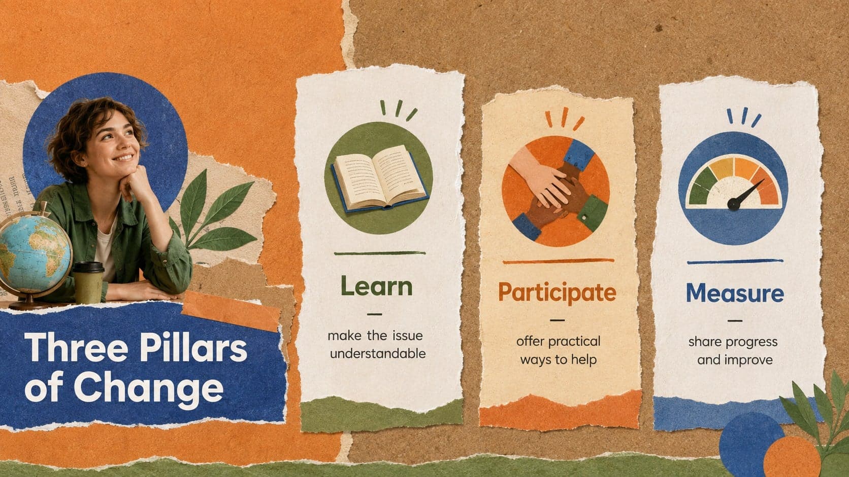 Eco action campaign slide featuring three strategic pillars for learning, participation, and measurement.
