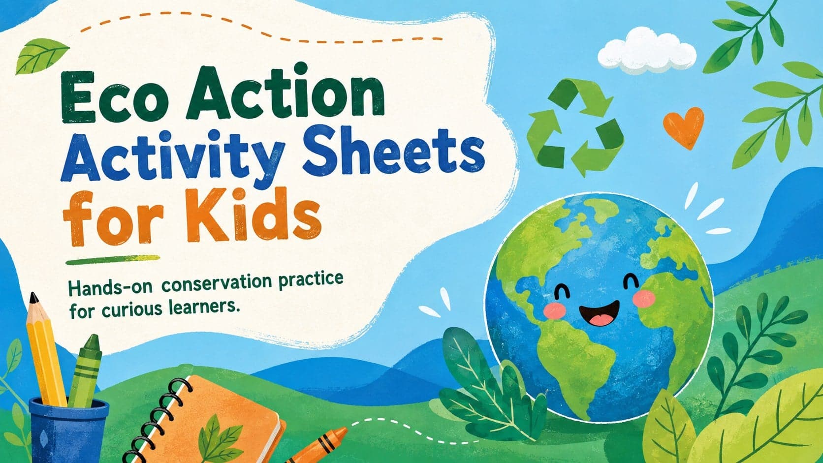 Colorful Eco Action Activity Sheets for Kids cover with playful Earth and recycling illustrations.