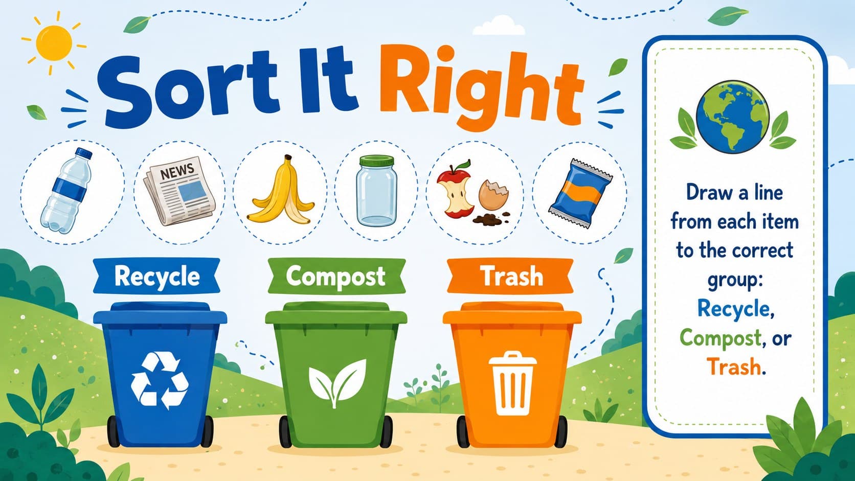 Recycling lesson worksheet showing colorful bins and items for a waste-sorting activity.