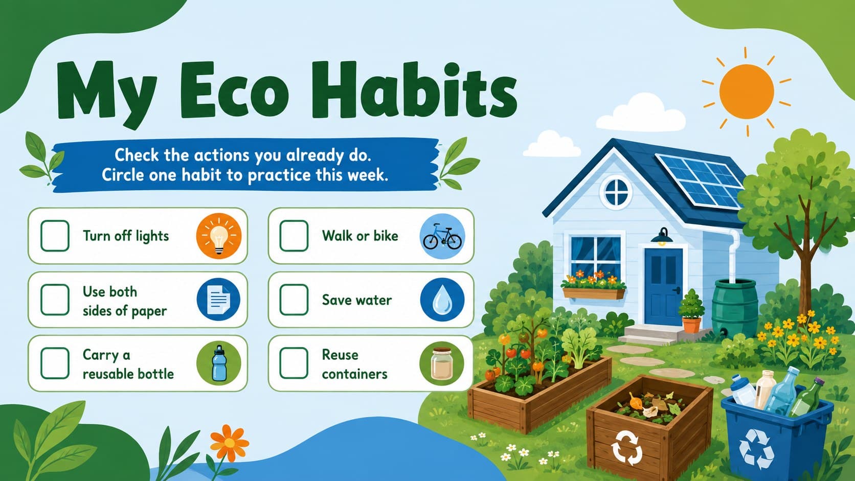 Green living classroom worksheet with an illustrated checklist of planet-friendly daily habits.