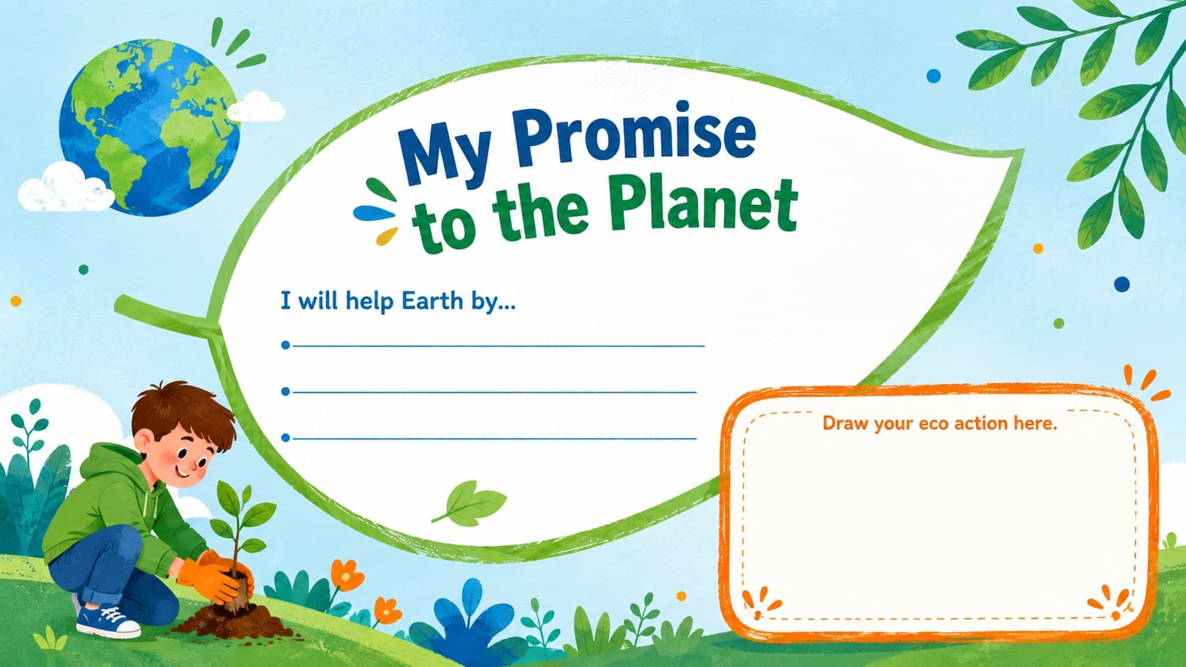 Earth Day classroom activity page inviting children to write and illustrate a personal planet pledge.