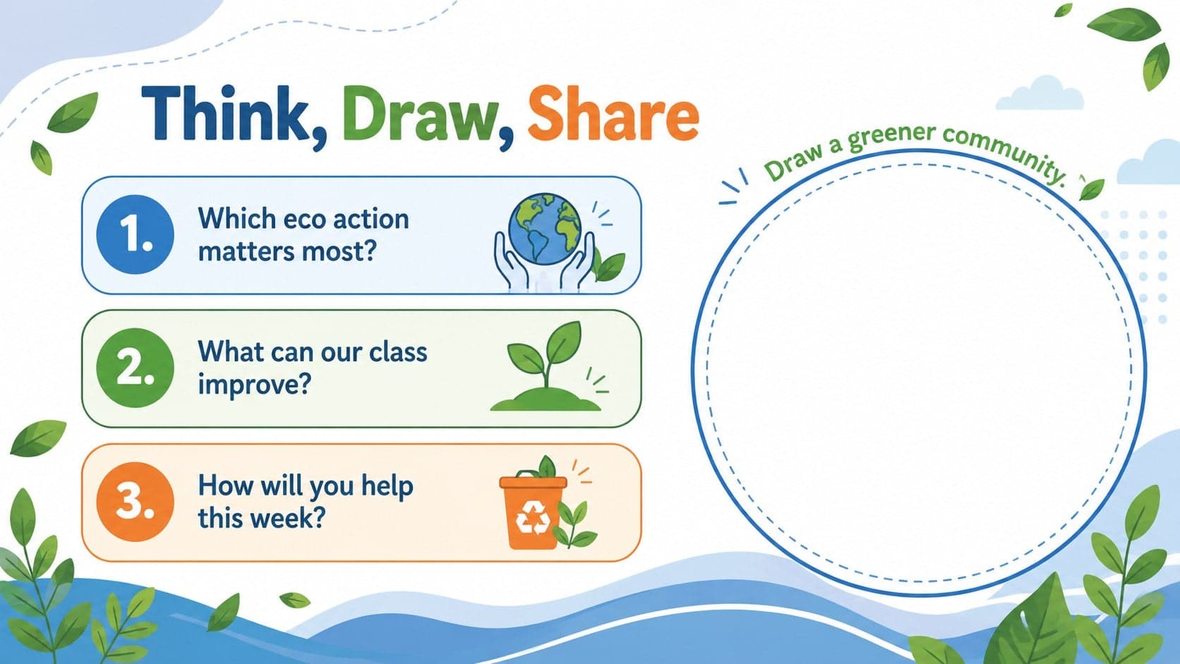 Environmental conservation worksheet with reflection questions and a colorful space for drawing a greener community.