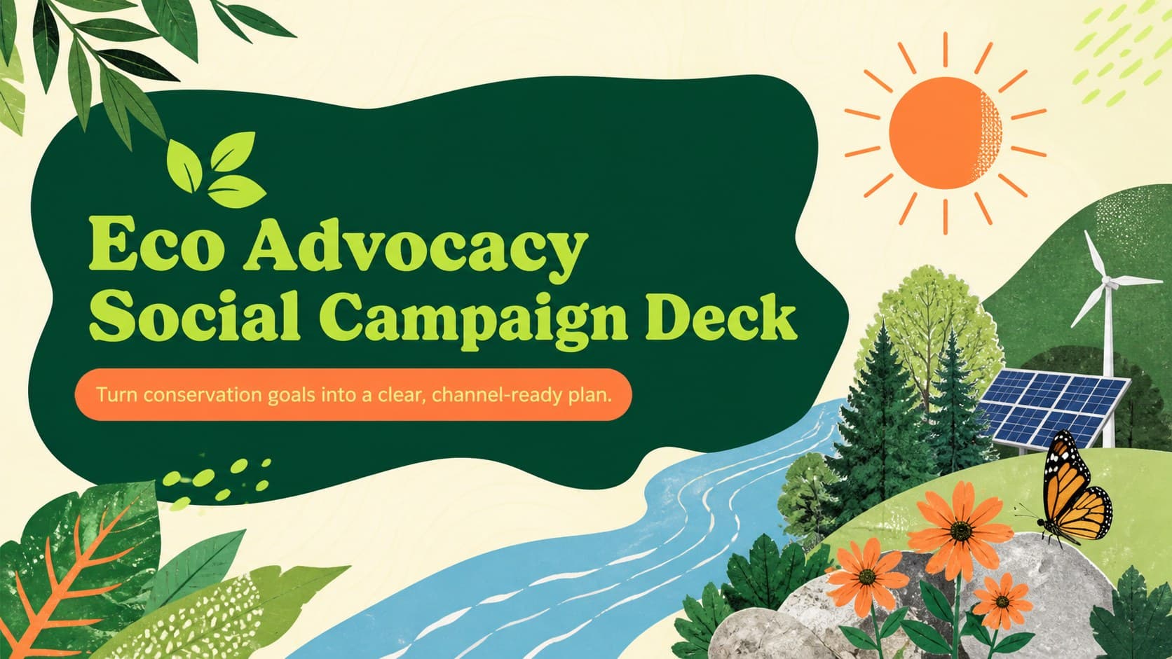Cover for an eco advocacy social campaign deck with bold green and orange nature-inspired graphics.