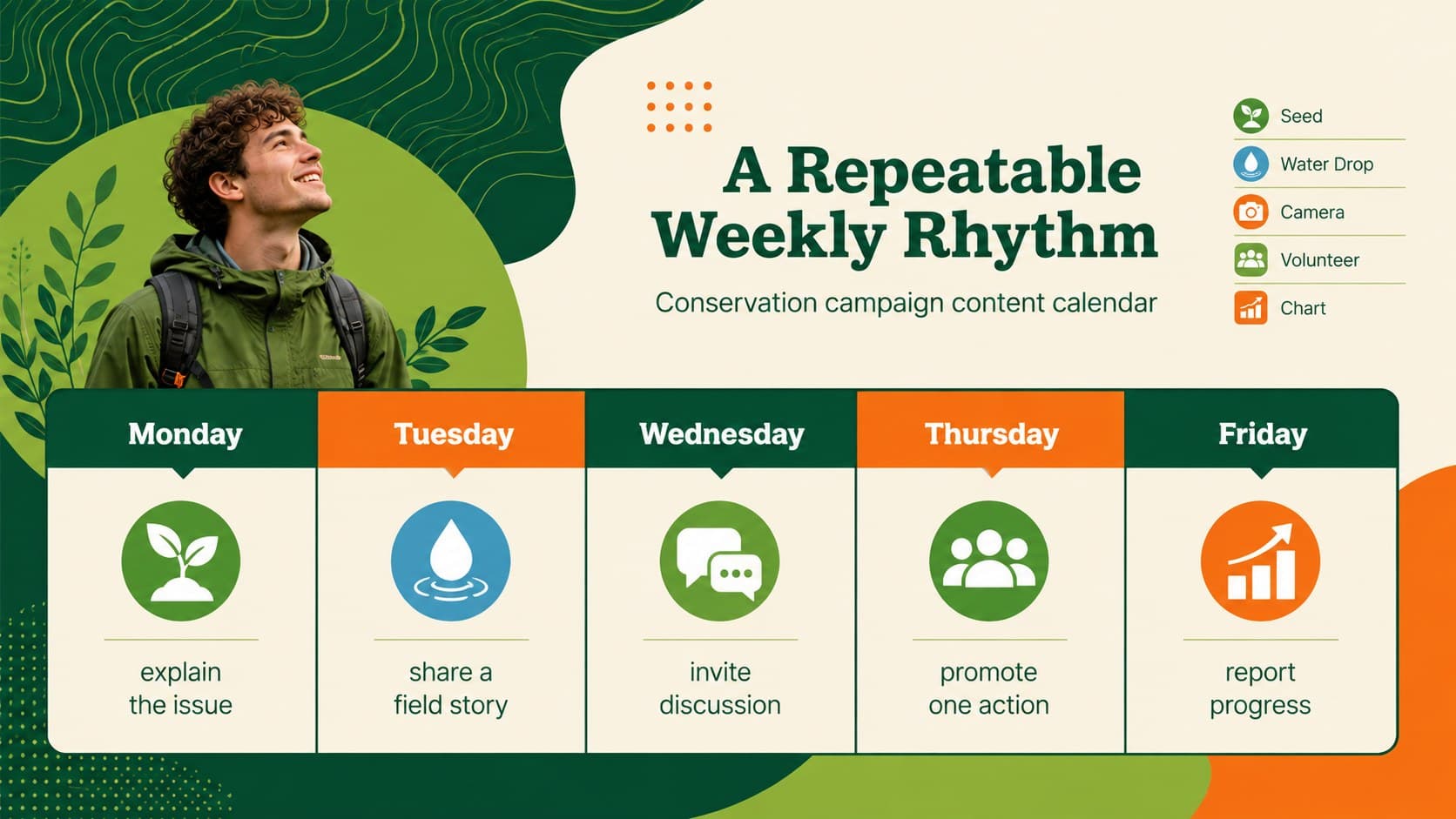 Conservation campaign content calendar showing a sample weekly publishing rhythm.