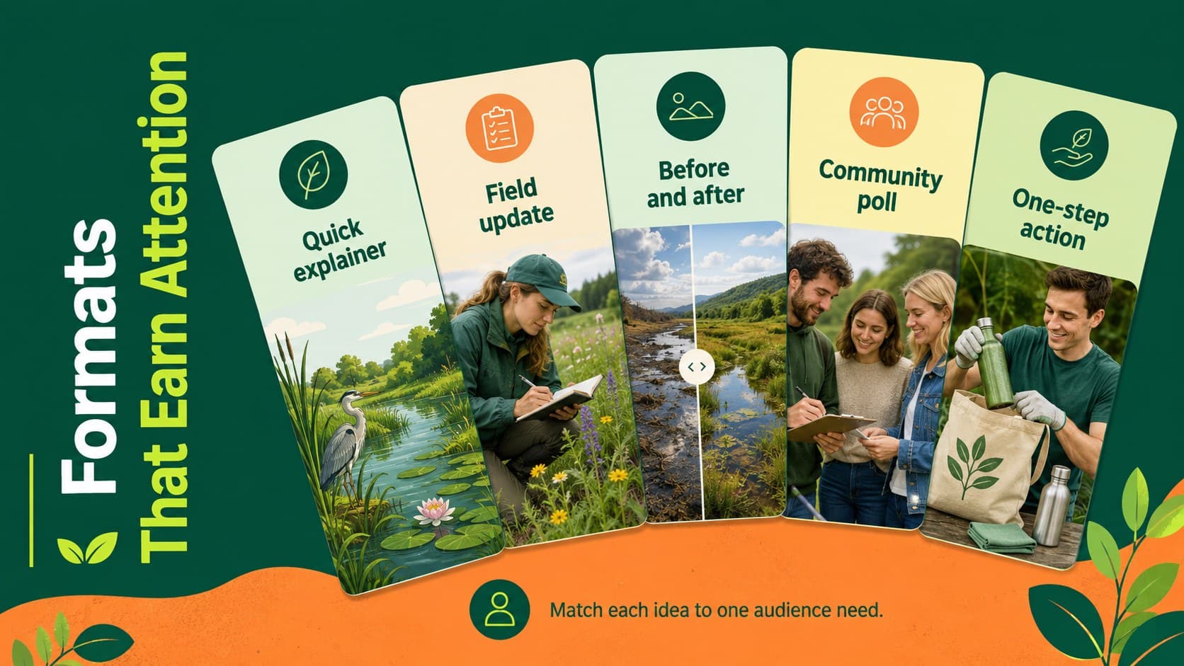 Social content format ideas for stories, explainers, field updates, polls, and action posts.