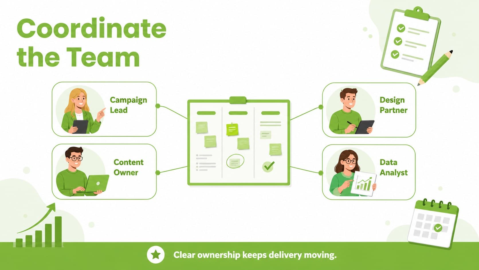 Editable marketing teamwork slide assigning campaign responsibilities across a project team.