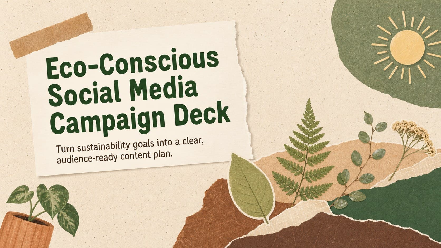 Cover of an eco-conscious social media campaign deck with layered green paper, botanical cutouts, and an earthy brown background.