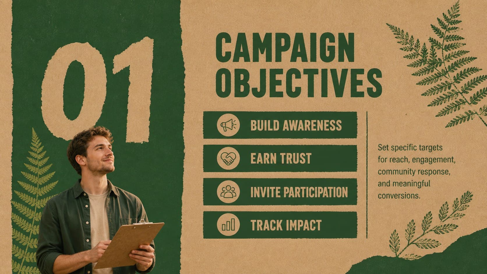 Sustainability campaign objectives displayed as four measurable goals with botanical scrapbook accents.