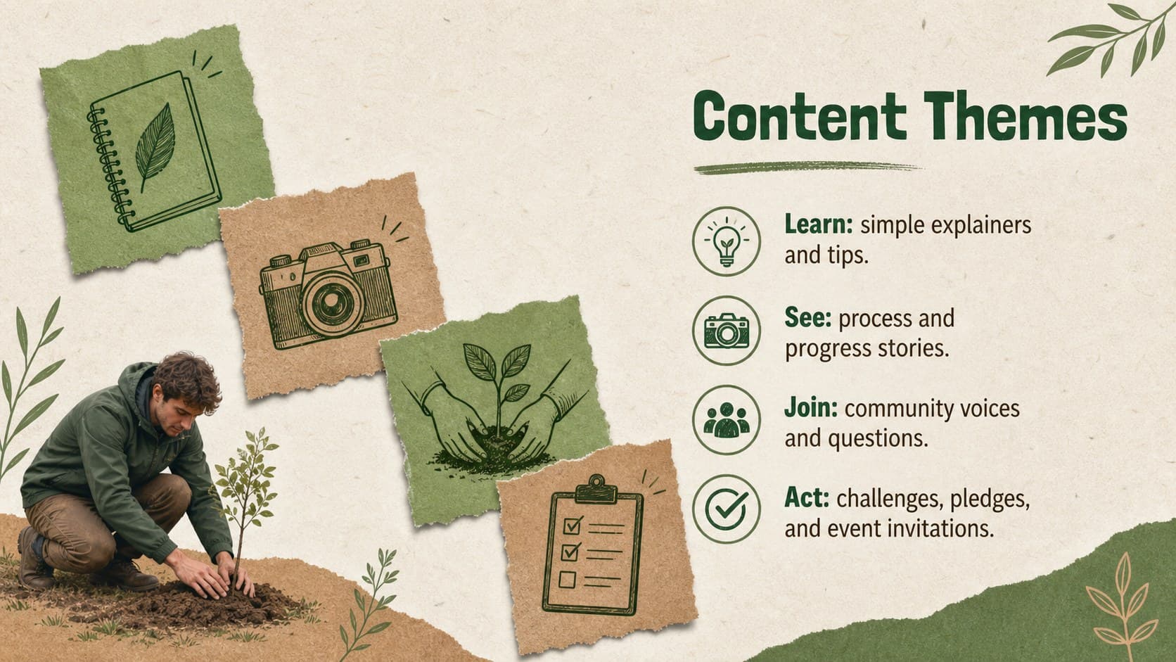Content themes slide featuring educational, behind-the-scenes, community, and action-oriented social media ideas.