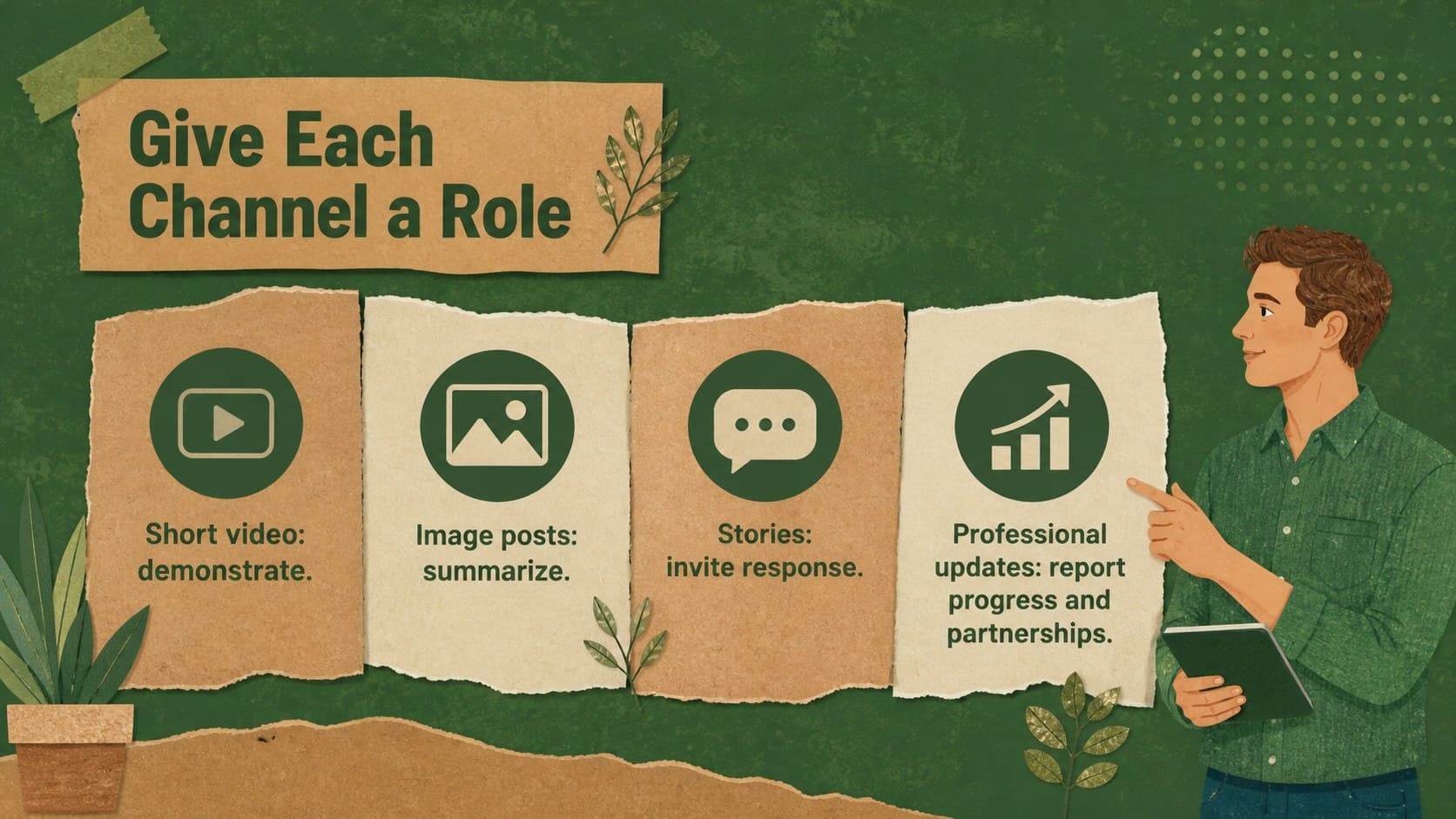 Social channel planning slide assigning distinct roles to short video, image posts, stories, and professional updates.