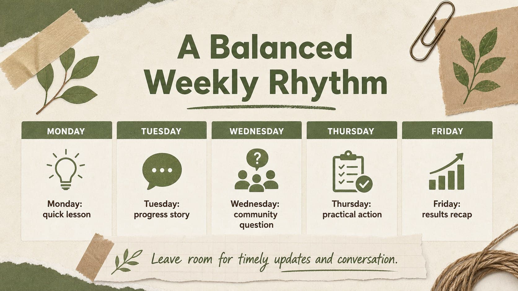 Green social media calendar template showing a balanced weekly publishing rhythm in an earthy paper style.