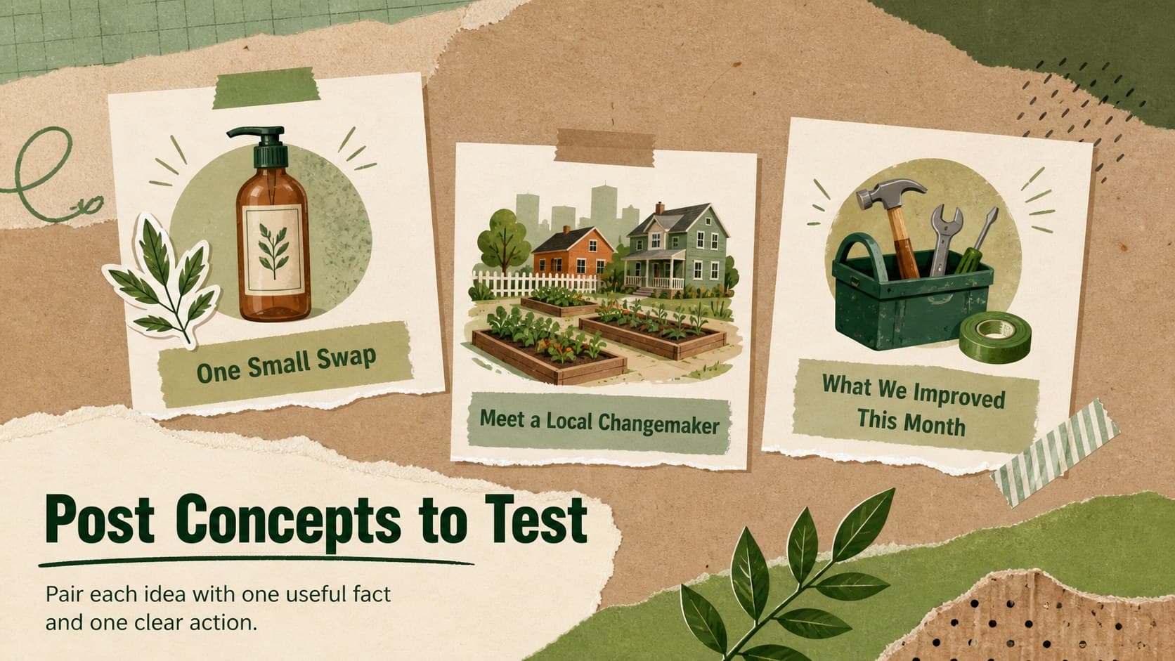 Eco-friendly campaign post concepts presented as three original social content mockups with botanical details.