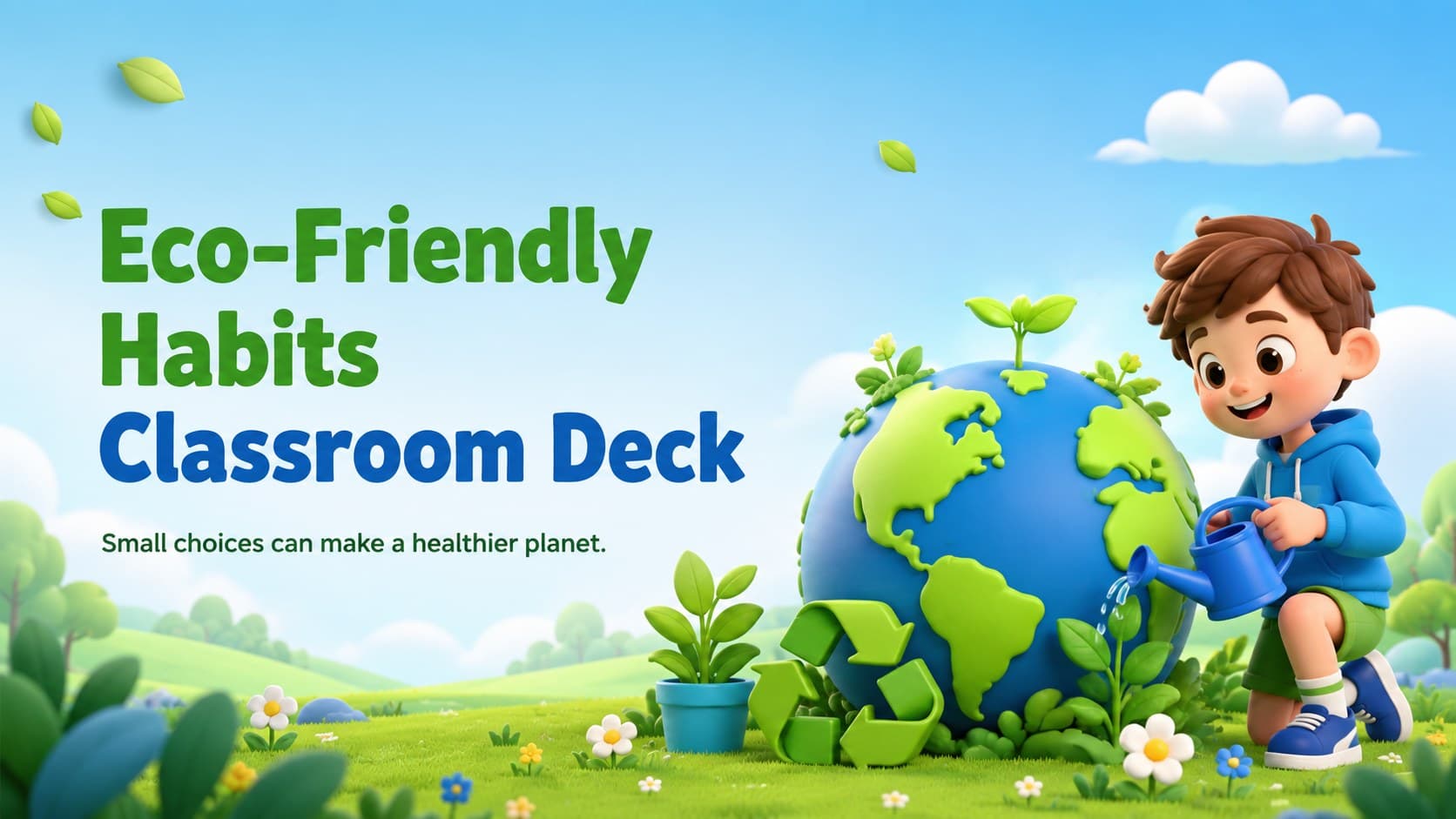 Eco-Friendly Habits Classroom Deck cover with a cute 3D globe, leaves, recycling symbols, and a blue-green background.