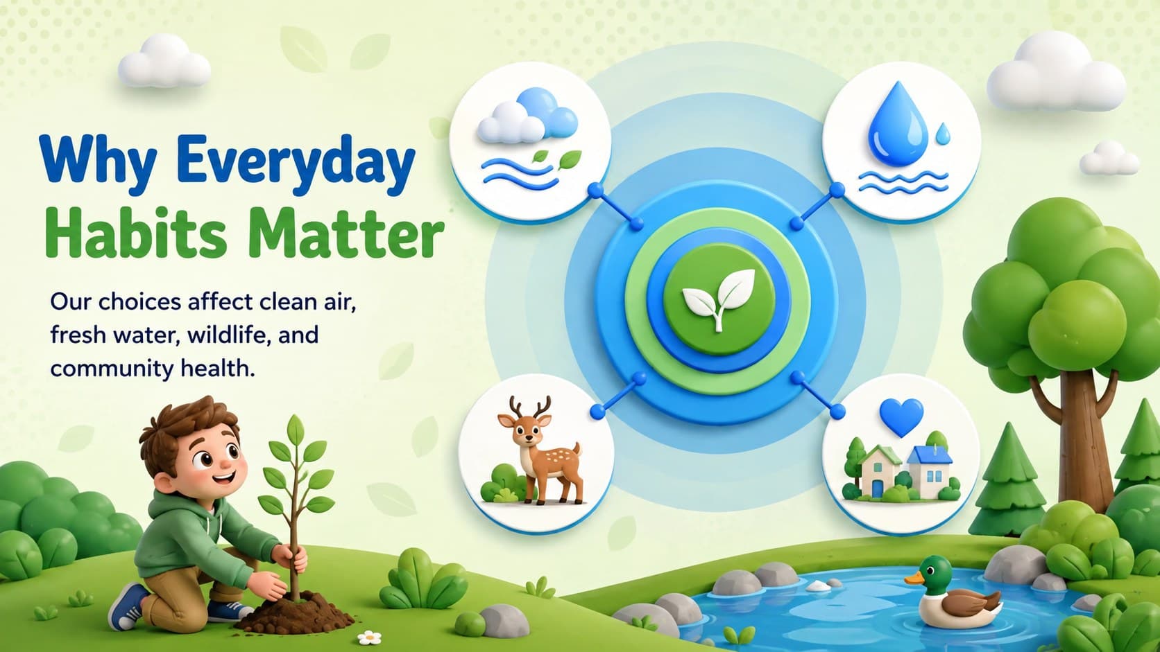 Environmental education slide explaining how everyday choices affect air, water, wildlife, and community health.