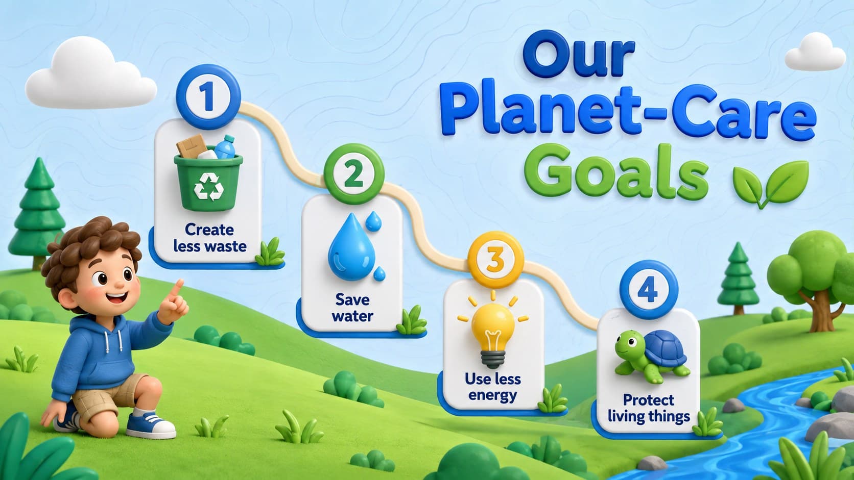 Blue and green sustainability lesson slide presenting four planet-care goals with playful 3D icons.