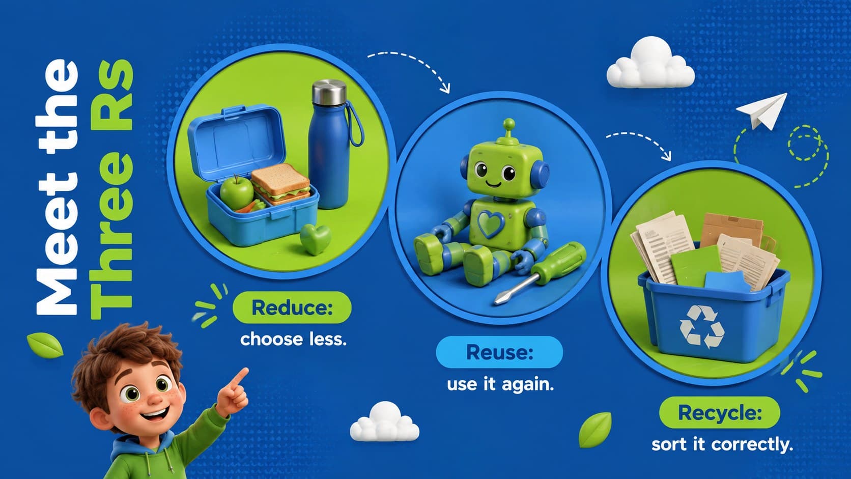 Recycling classroom presentation slide illustrating reduce, reuse, and recycle with colorful 3D objects.