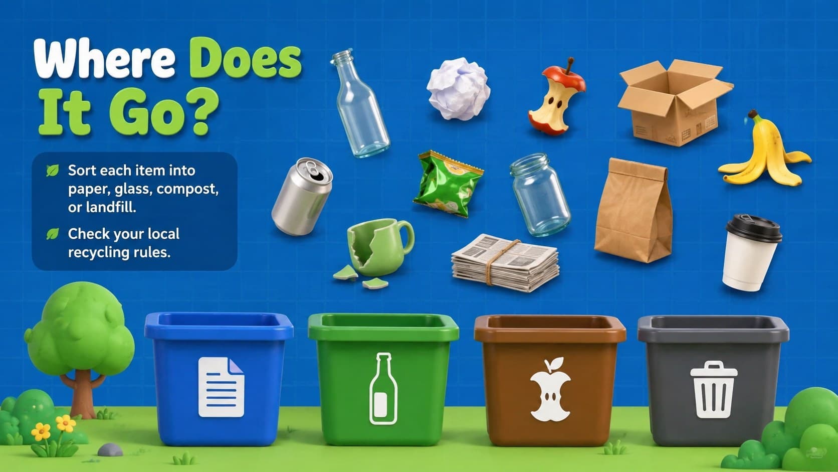 Waste sorting activity slide with illustrated paper, glass, compost, and landfill bins for young learners.