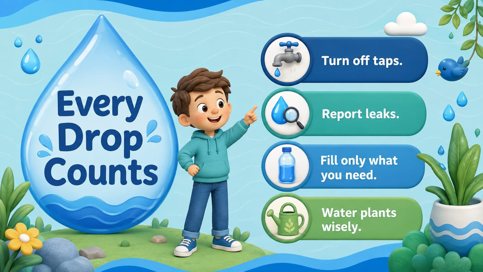 Conservation lesson for kids showing simple ways to save water at home and school.