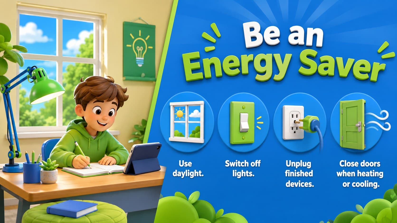 Energy-saving classroom slide featuring lights, devices, daylight, and four practical conservation tips.