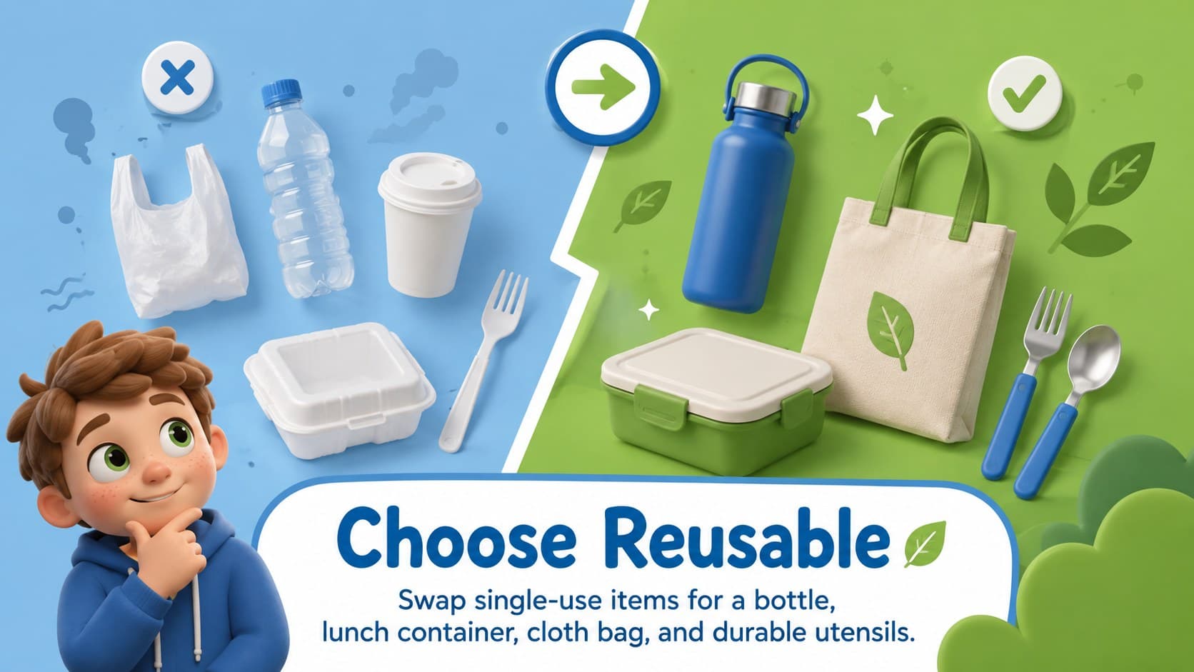 Planet care teaching slide comparing disposable objects with reusable lunch and shopping alternatives.