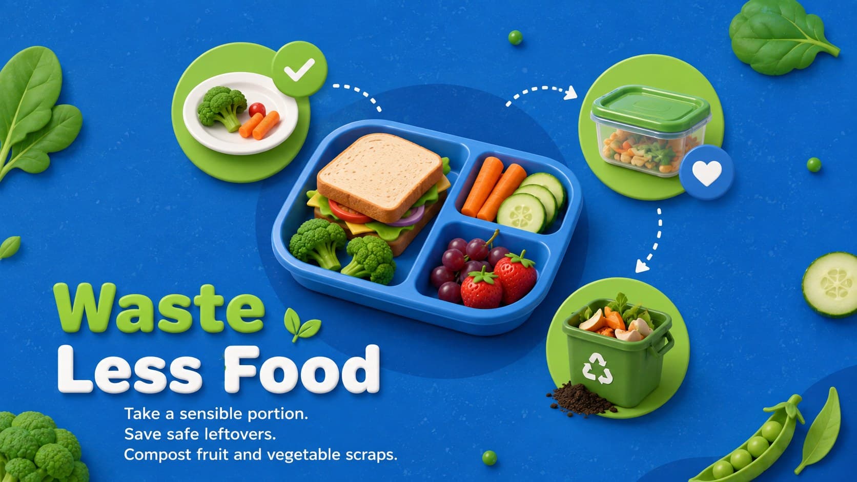 Food waste reduction slide with a lunch tray, compost pail, portion guide, and simple action steps.