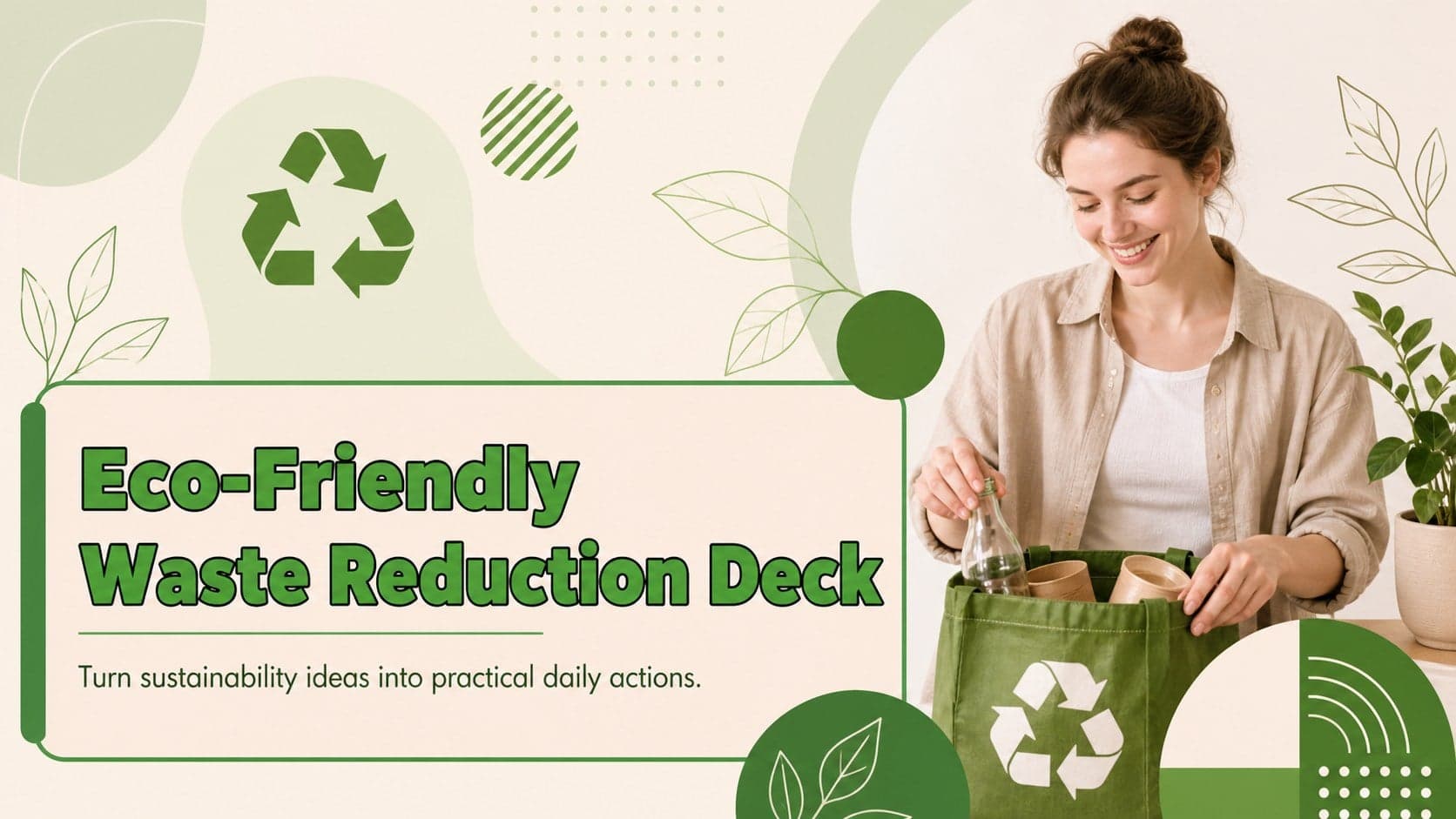 Cover slide for an eco-friendly waste reduction deck with green botanical accents and a modern workshop layout.