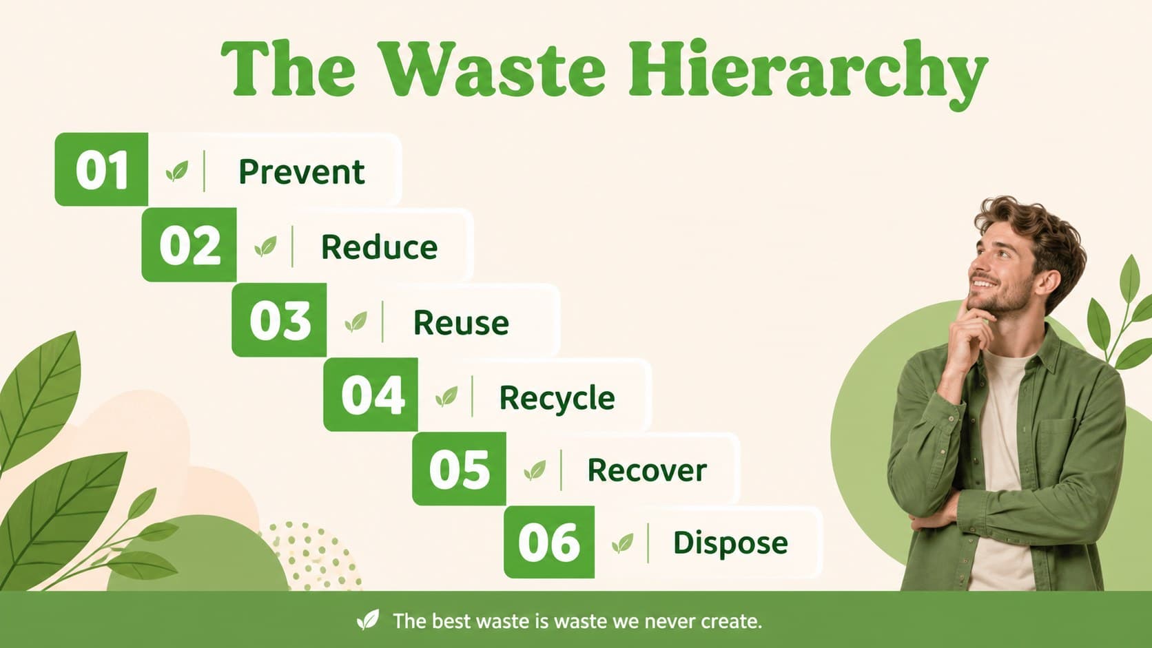 Waste hierarchy diagram explaining prevention, reuse, recycling, and disposal in an environmental education presentation.