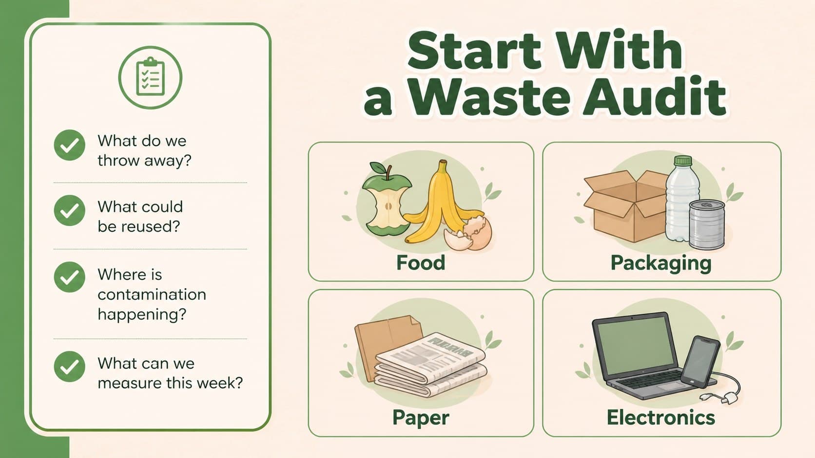 Waste audit checklist slide for identifying household or workplace disposal patterns.