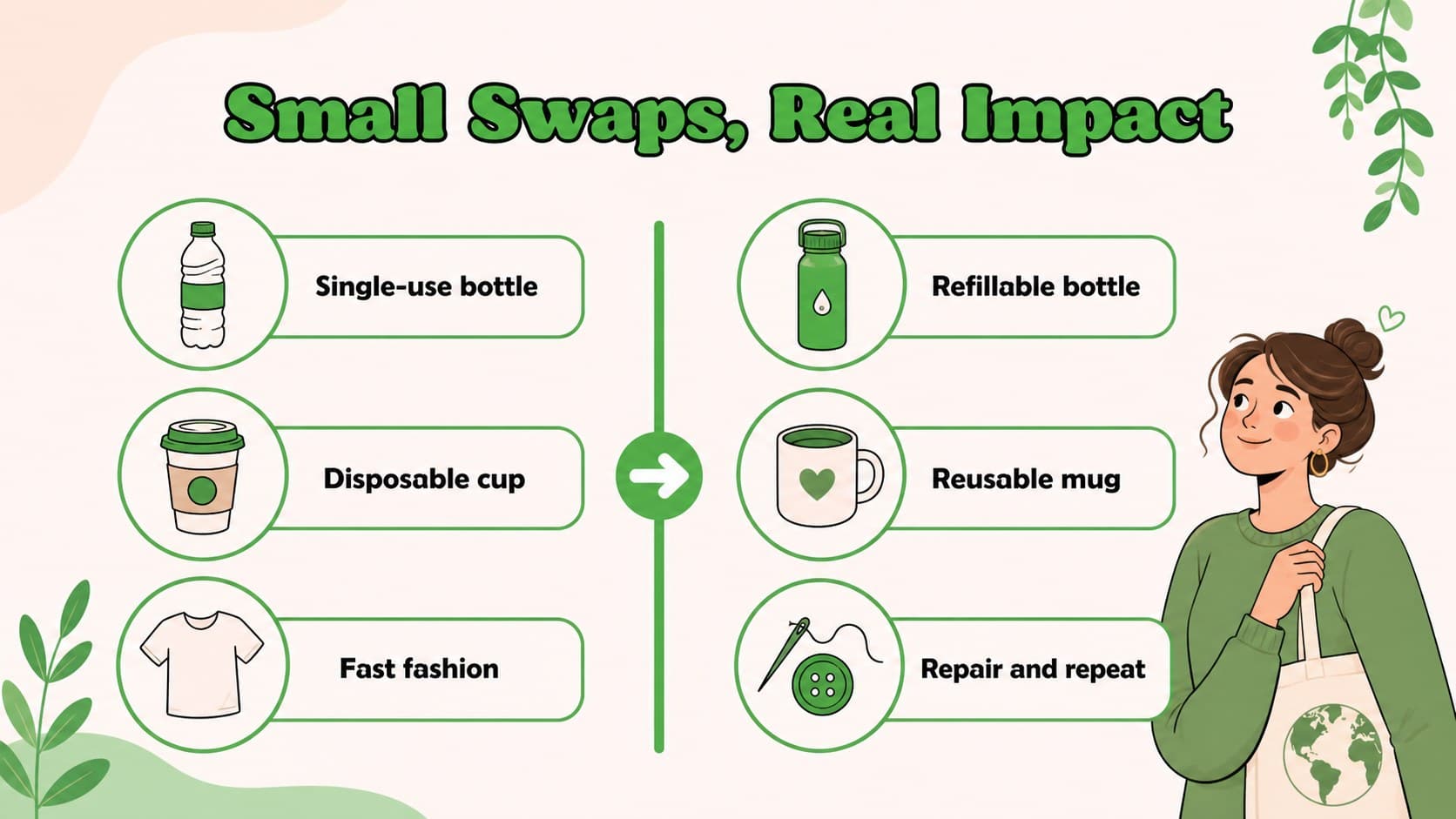 Green habits comparison slide showing simple changes for everyday waste reduction.