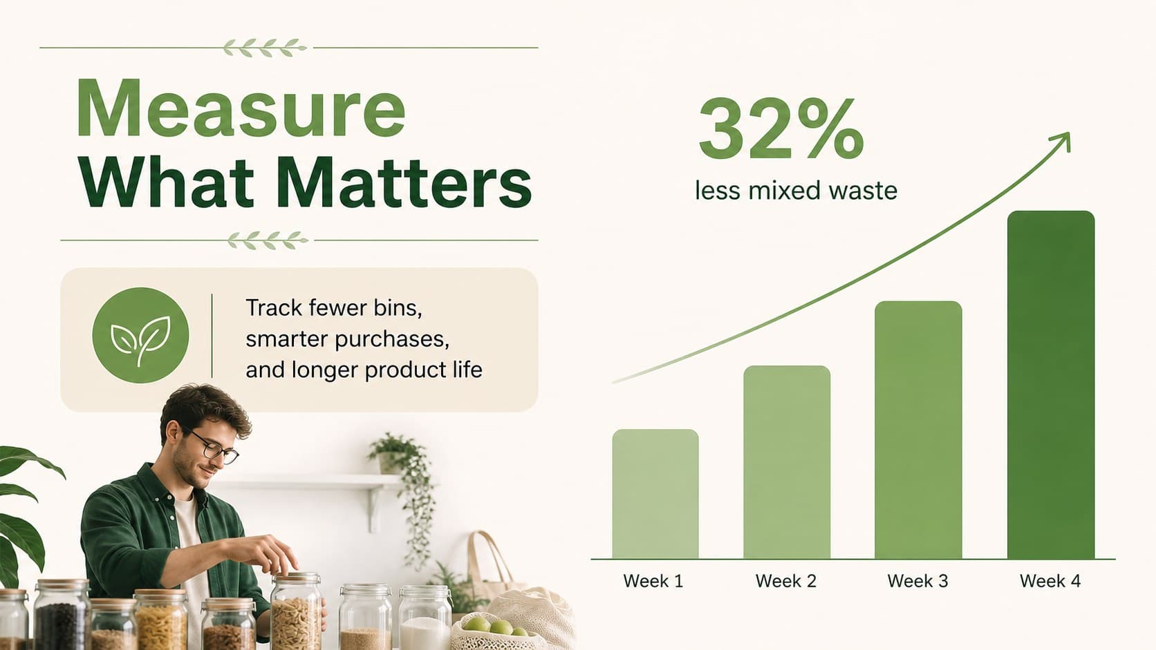 Climate responsibility data slide with a simple green chart and waste reduction indicators.
