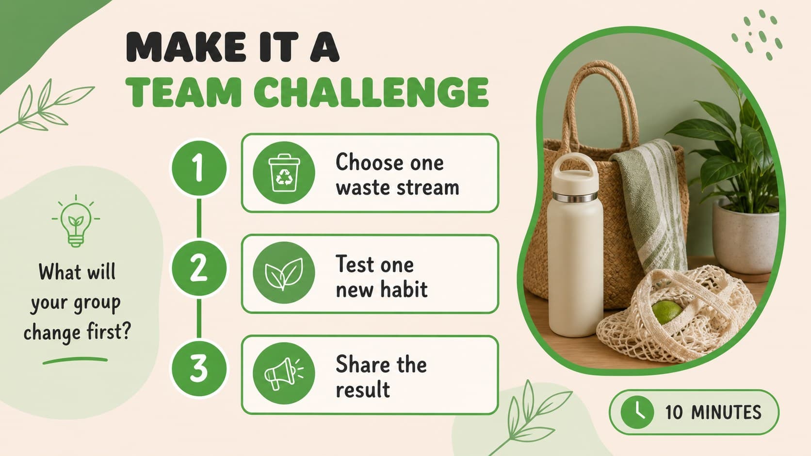Group activity slide for planning sustainable actions in a classroom or community workshop.