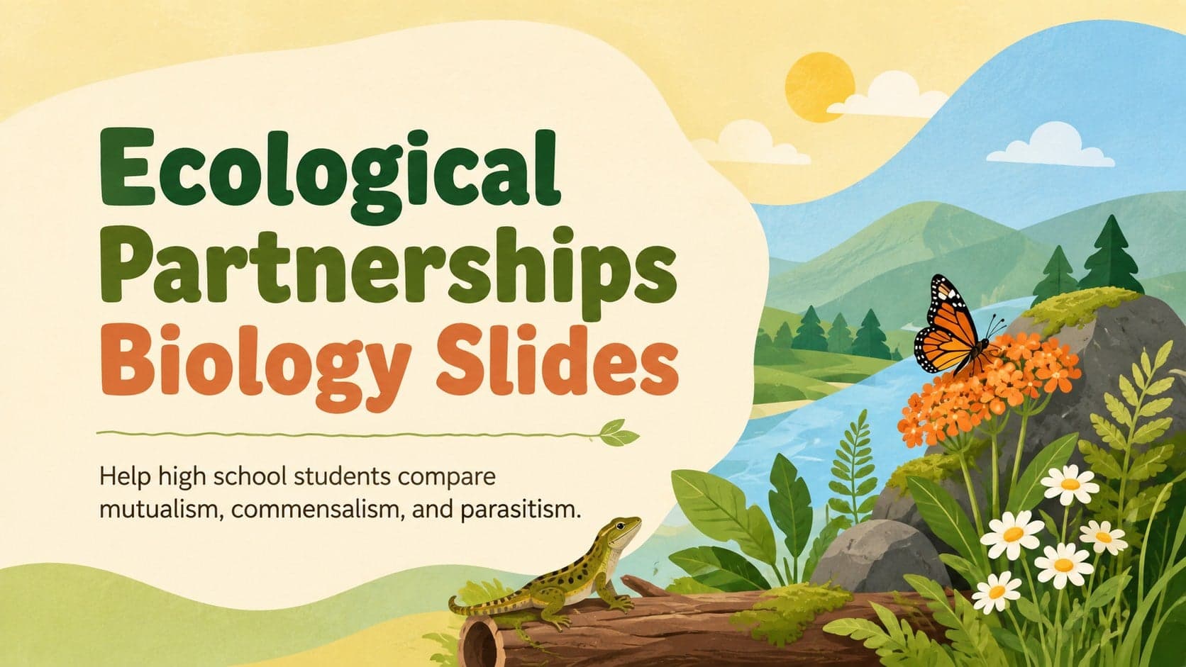 Colorful cover for Ecological Partnerships Biology Slides featuring original plants, fungi, and animal illustrations.