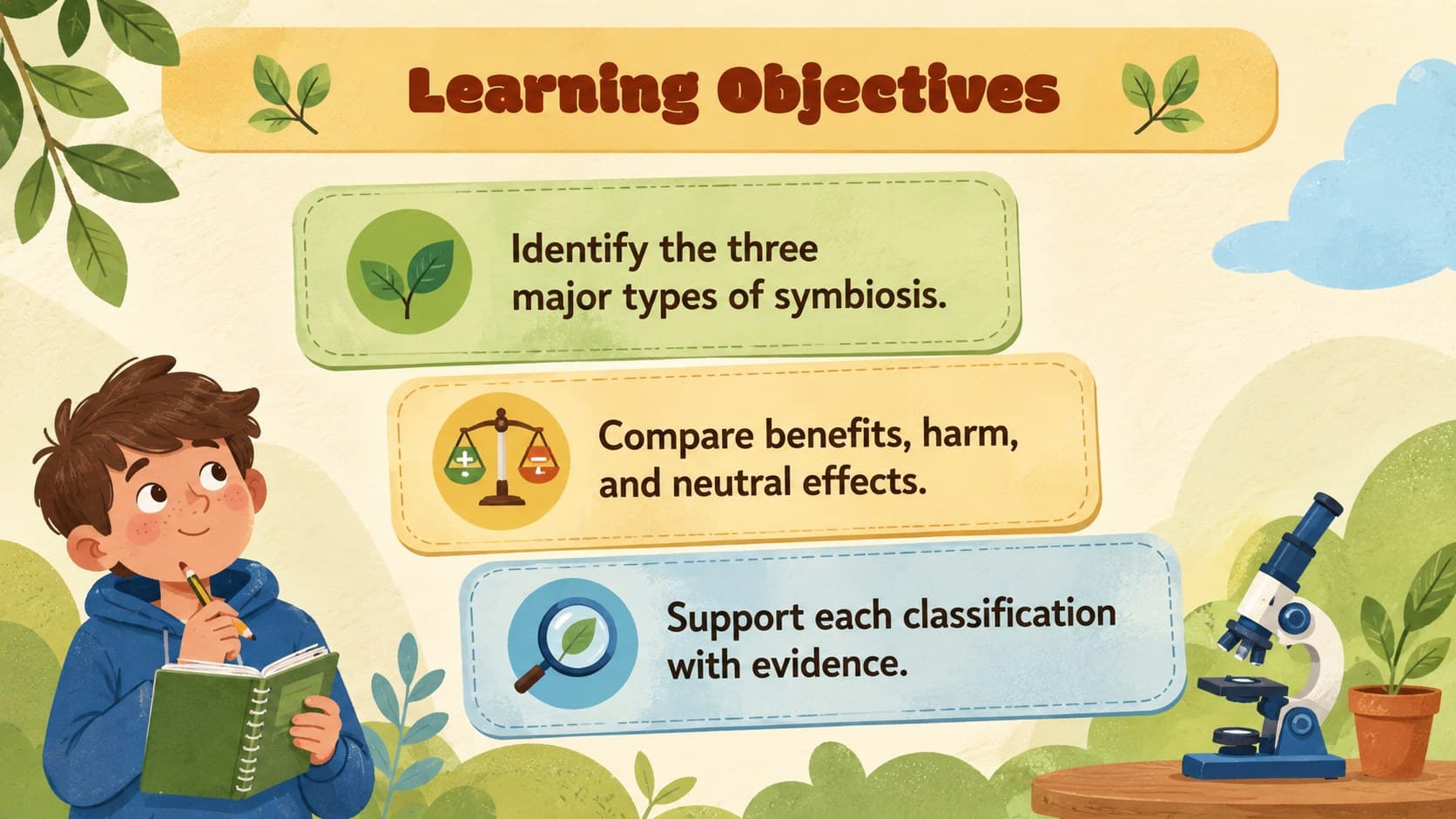 High school ecology learning objectives slide with icons for identifying and comparing symbiotic relationships.