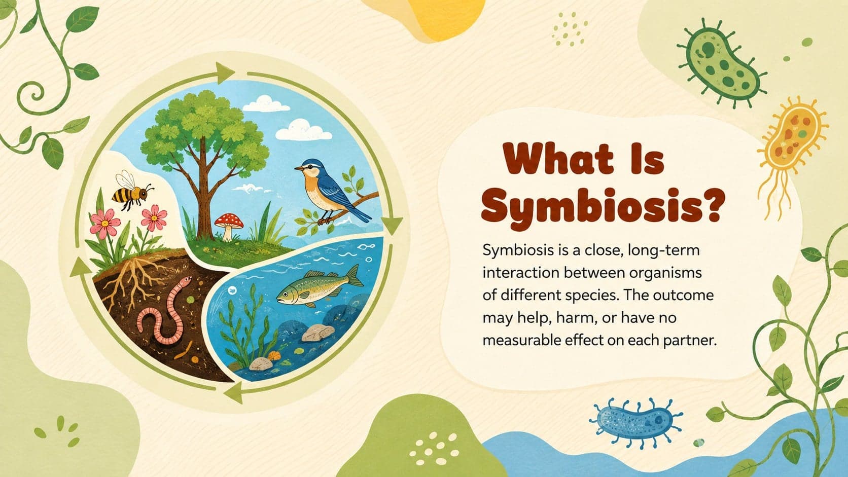 Symbiosis overview slide explaining long-term ecological relationships between different species.