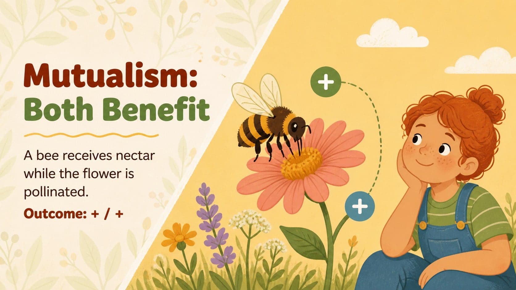 Mutualism biology slide showing a bee and flower as an example in which both organisms benefit.
