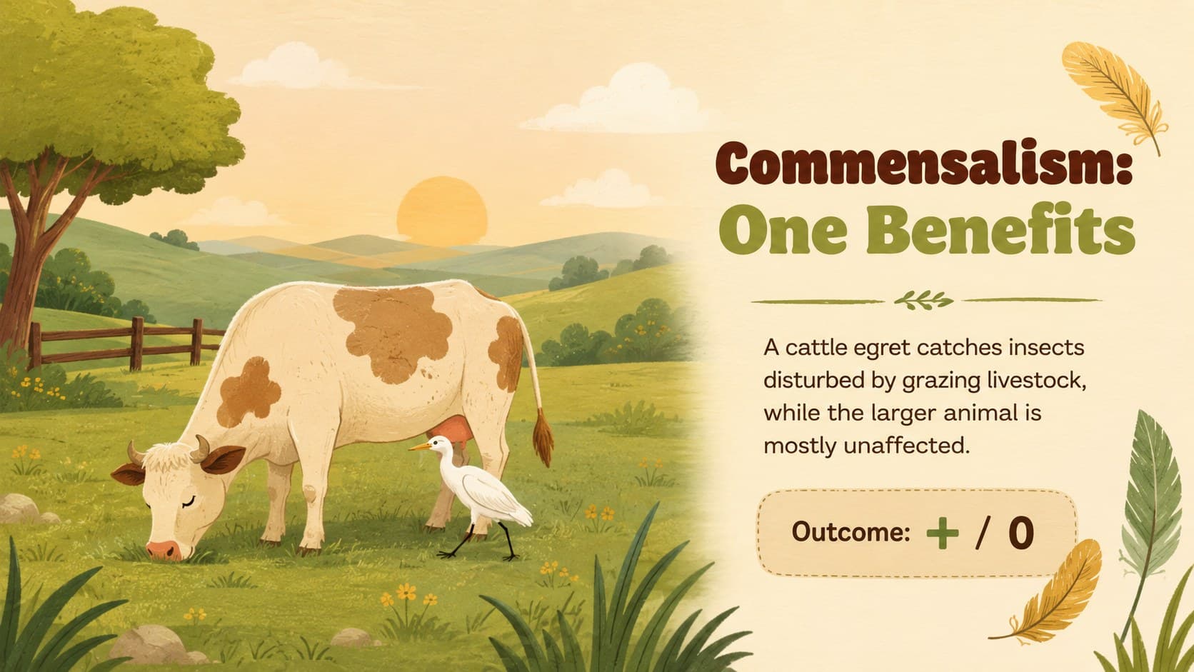 Commensalism lesson slide featuring a cattle egret feeding near grazing livestock.