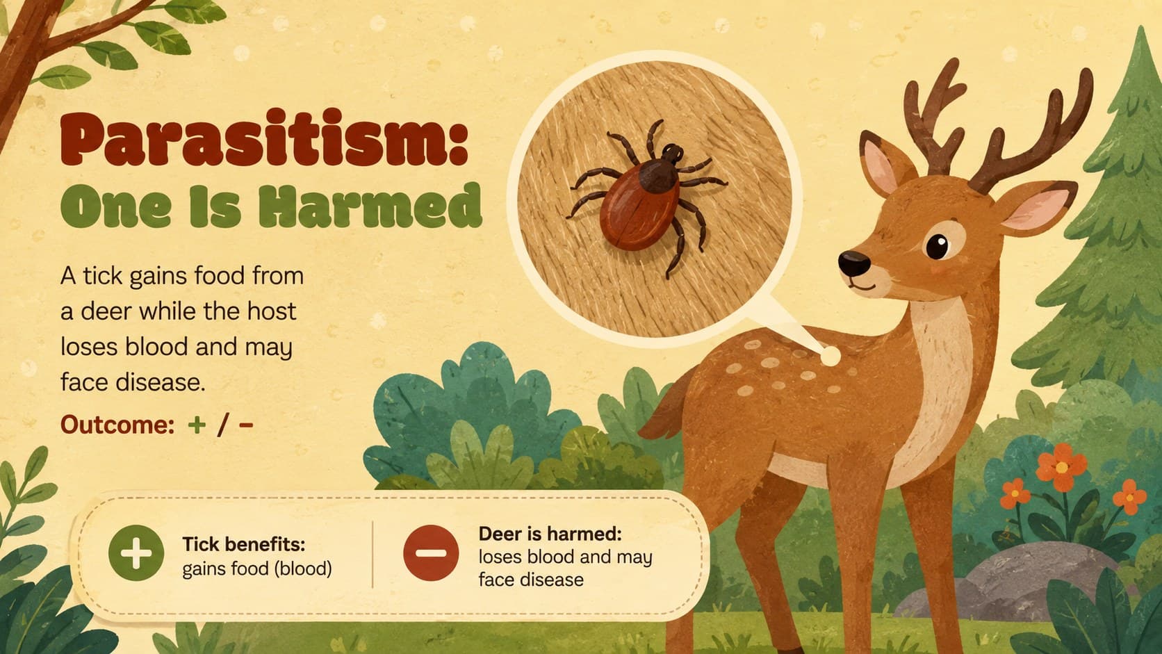 Parasitism ecology slide illustrating a tick feeding on a deer and the positive-negative outcome.