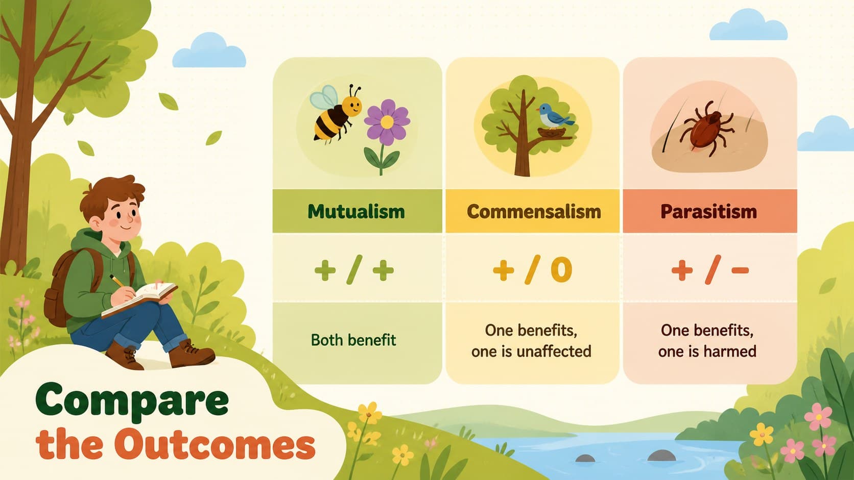 Comparison chart summarizing mutualism, commensalism, and parasitism for a biology class.