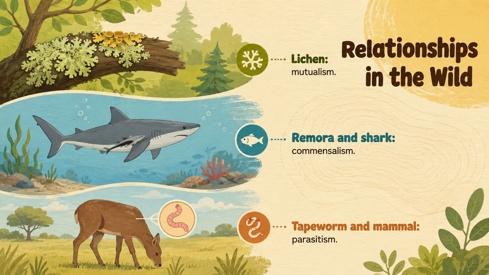 Ecological relationships teaching slide with lichen, remora, and tapeworm organism examples.