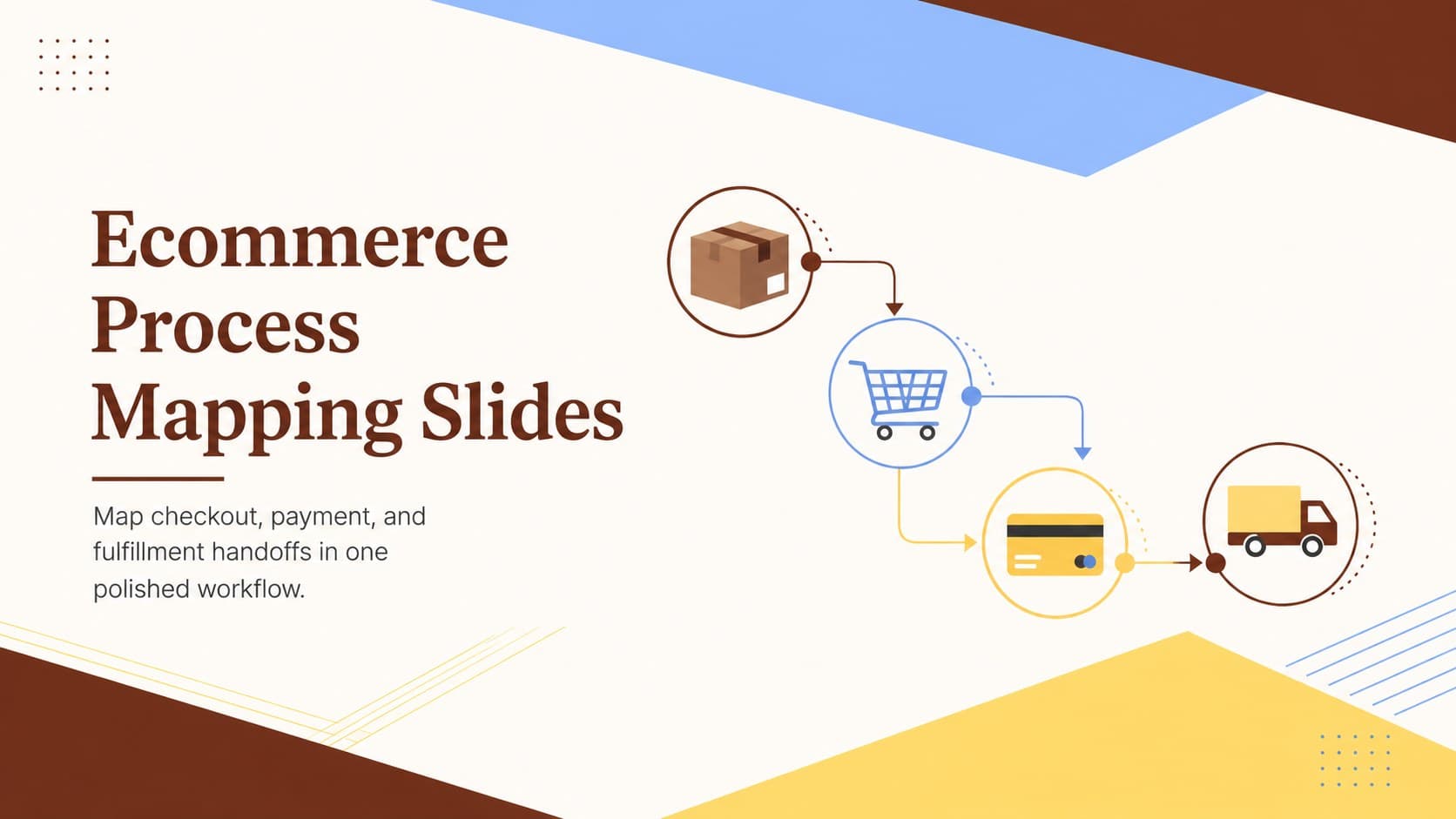 Cover for Ecommerce Process Mapping Slides with a modern brown, blue, and yellow retail workflow motif.