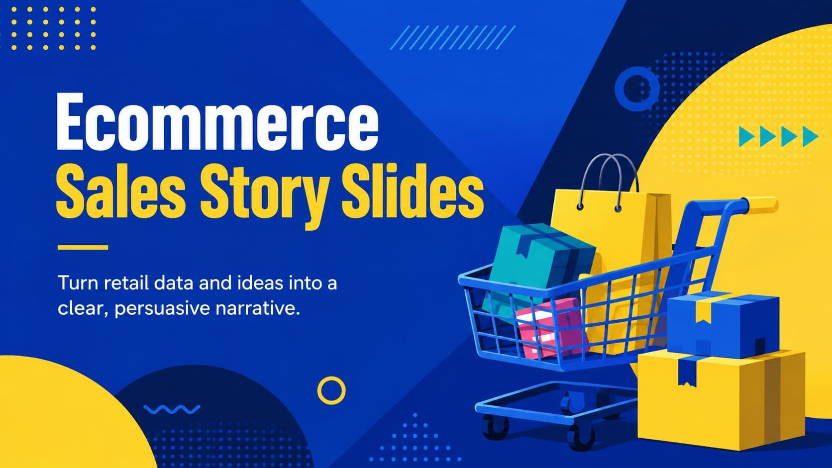 Cover for Ecommerce Sales Story Slides with a blue-and-yellow shopping cart illustration and bold retail headline.