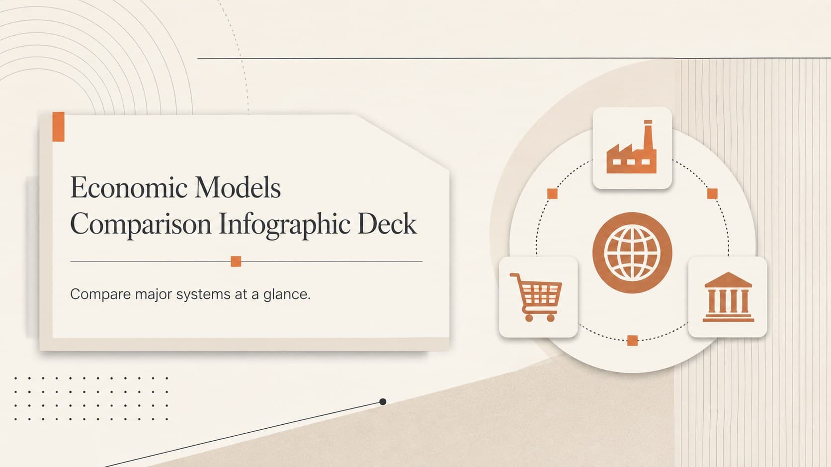 Minimalist beige cover for an economic models comparison infographic deck with simple market and policy symbols.