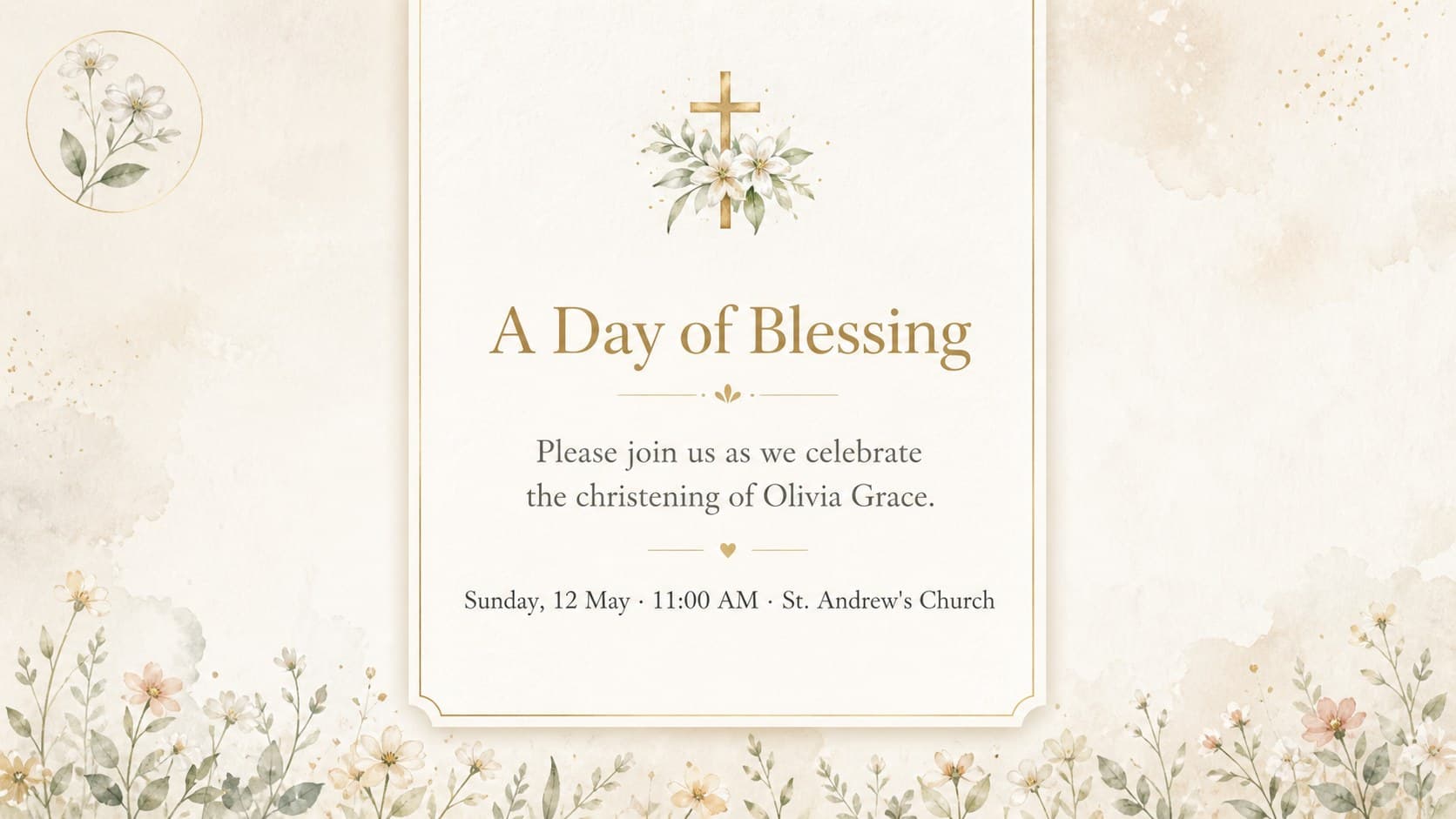 Invitation details slide showing a baby's name, christening date, and ceremony information in a beige floral layout.