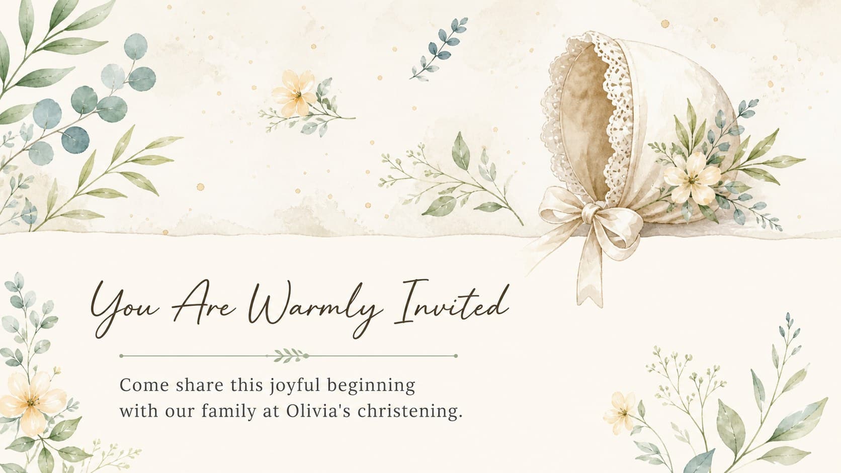 Christening invitation slide with a watercolor baby bonnet illustration, floral corners, and a welcoming ceremony message.