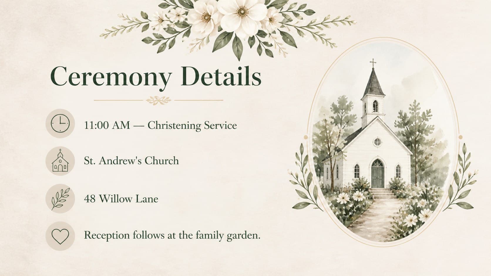 A4 baptism invitation Canva layout featuring ceremony time, church location, and watercolor floral decoration.