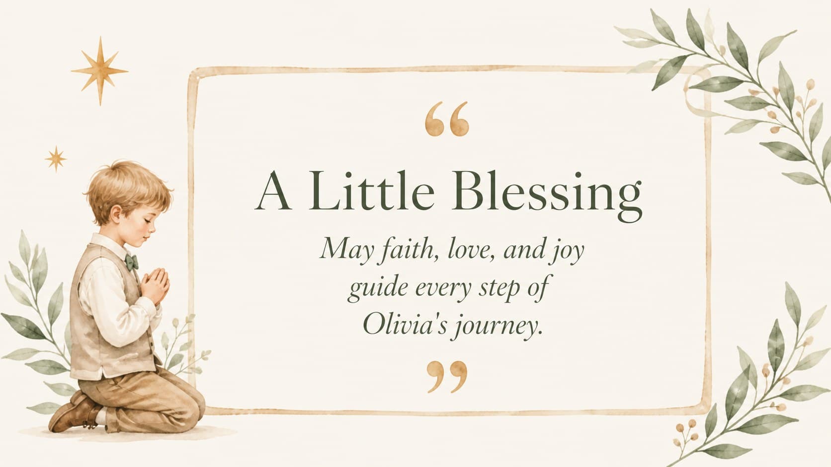 Baby christening slide presenting a short blessing with beige watercolor leaves and floral paper accents.