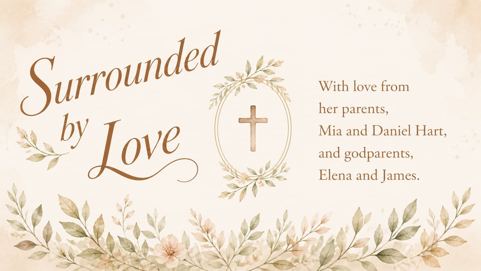 Watercolor christening announcement slide highlighting parents and godparents in a soft beige family layout.