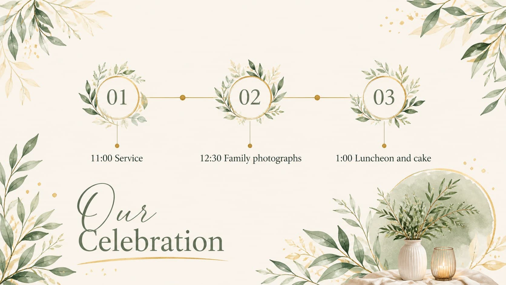 Christening ceremony schedule slide with a watercolor timeline and delicate beige botanical details.