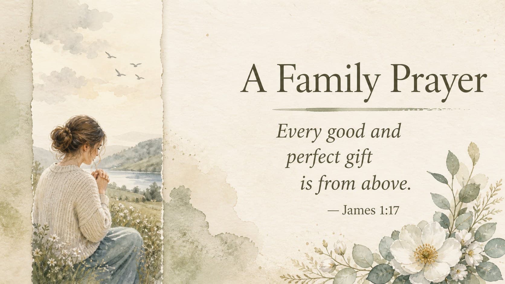 Religious baby celebration stationery slide with a scripture excerpt and soft watercolor floral border.